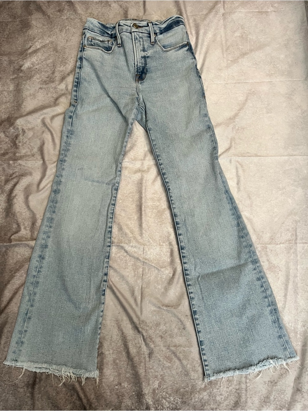 Good American Light Blue Flare Jeans with Frayed Hem